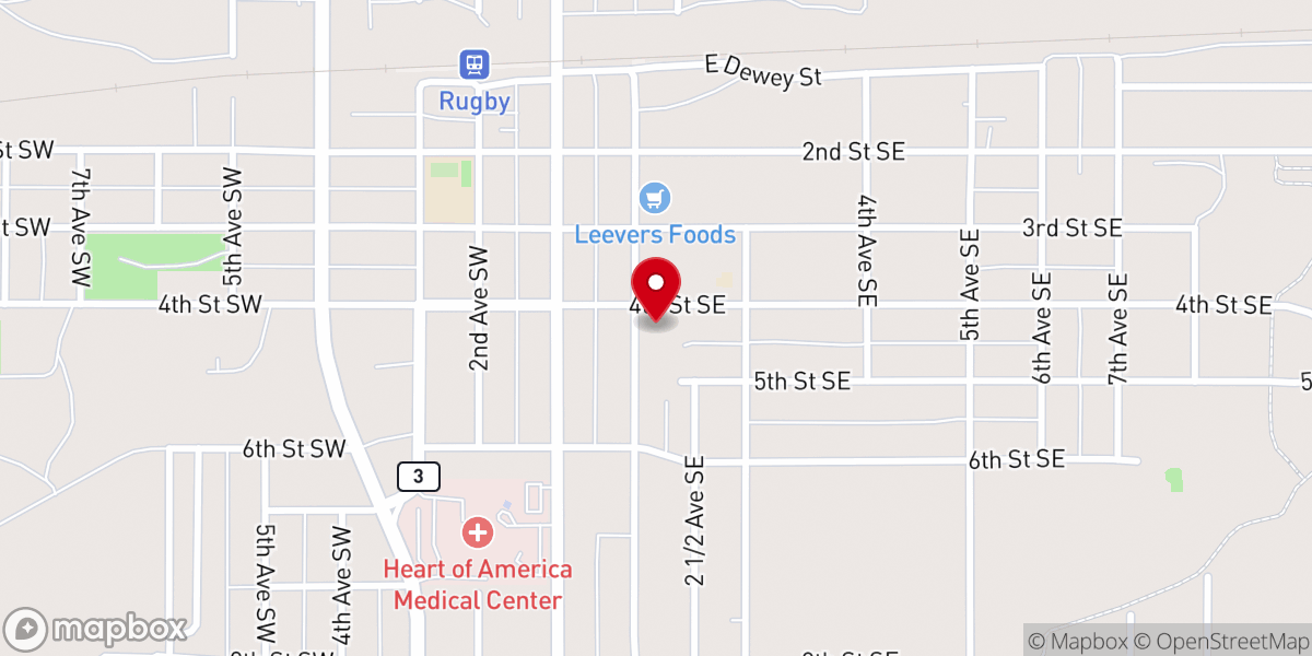 Map showing location of First Lutheran Church of Rugby