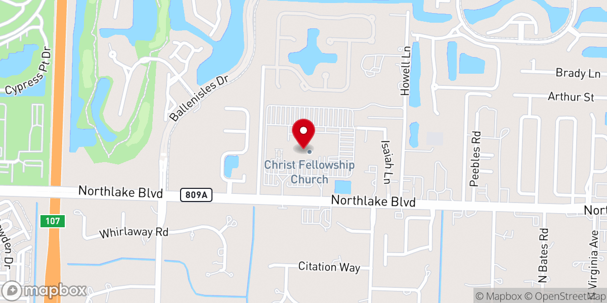 Map showing location of Christ Fellowship Church in Palm Beach Gardens, FL
