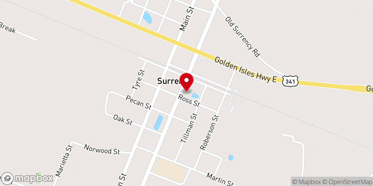 Map showing location of Surrency freewill Baptist church