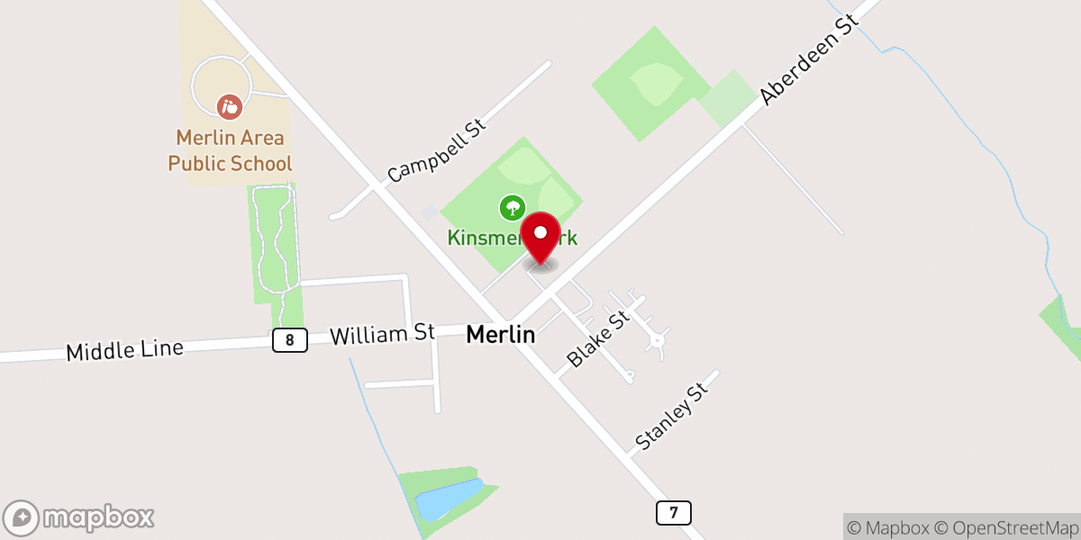 Map showing location of Merlin United Church