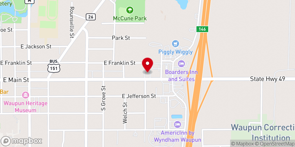 Map showing location of Life Church - Waupun Campus