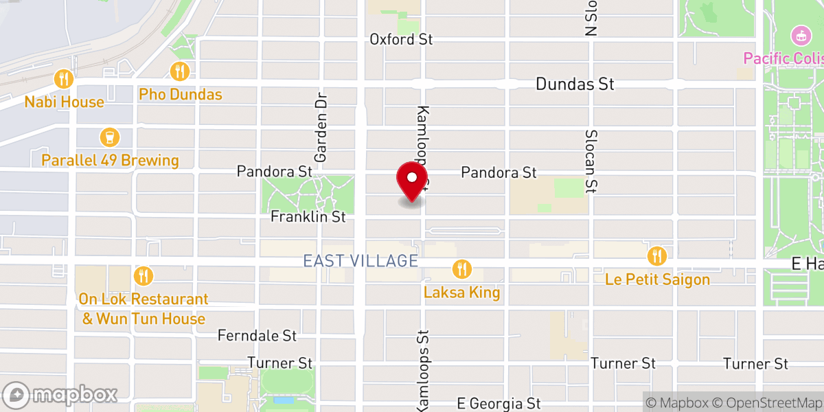 Map showing location of Vancouver Eastside Vineyard Church