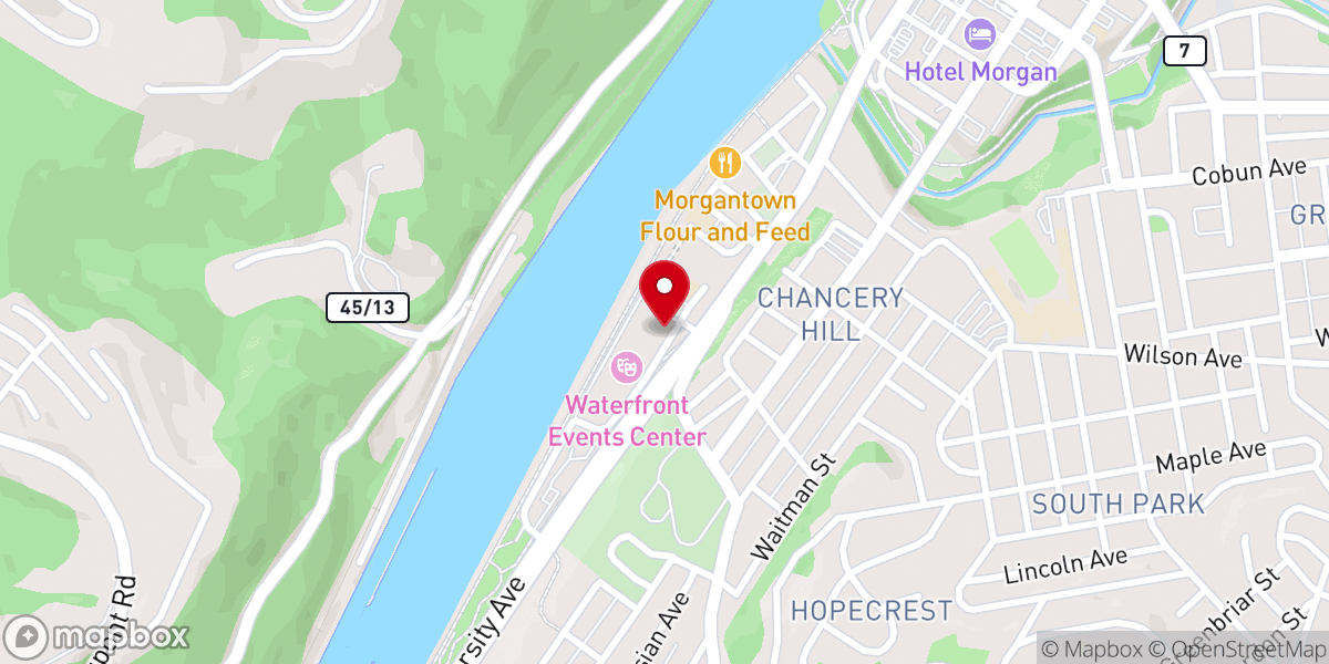 Map showing location of Morgantown Marriott at Waterfront Place