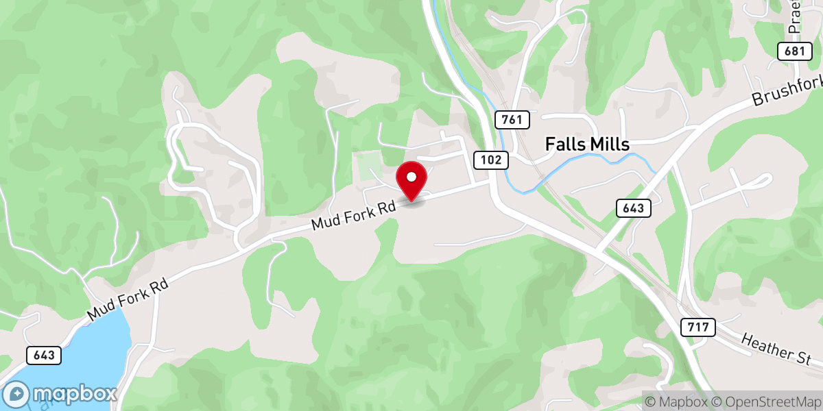 Map showing location of Falls Mills Christian Church