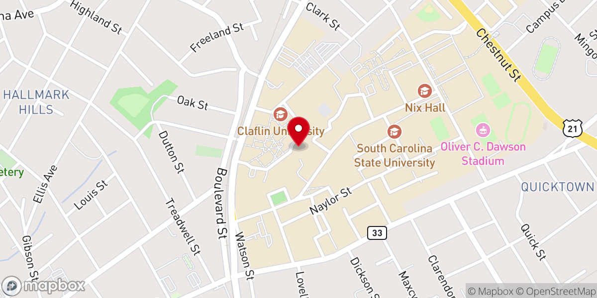 Map showing location of James and Dorothy Z. Elmore Chapel at Claflin University