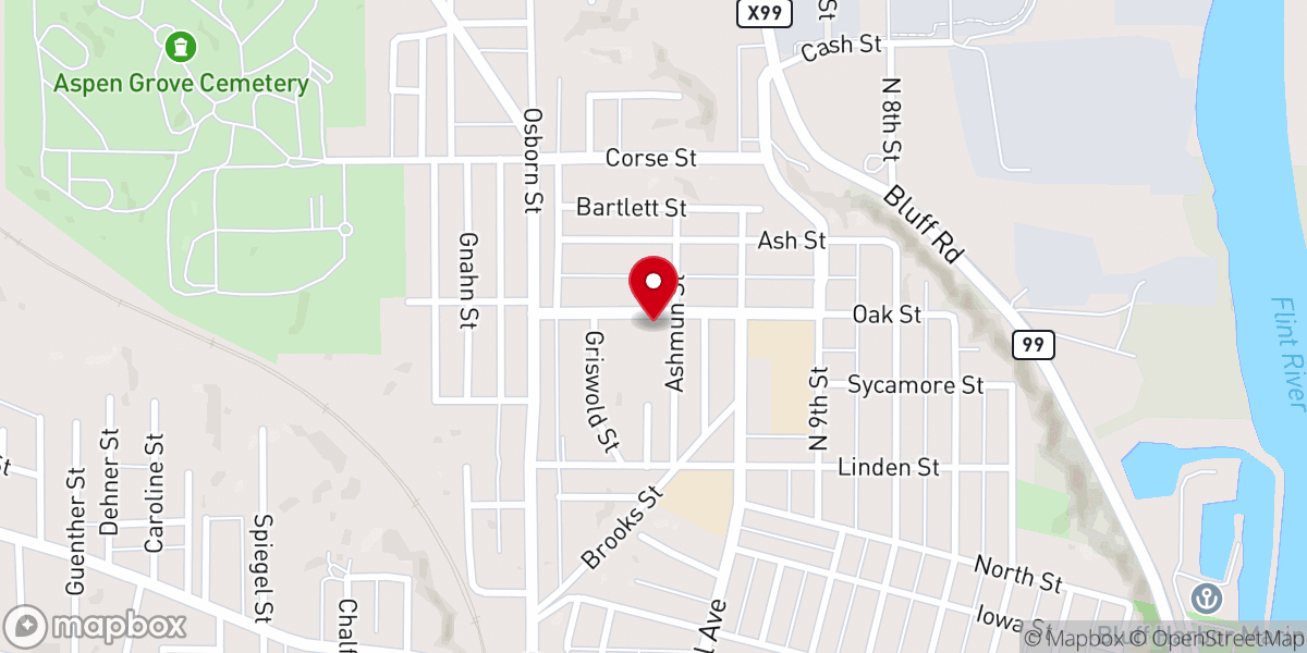 Map showing location of Oak Street Baptist Church