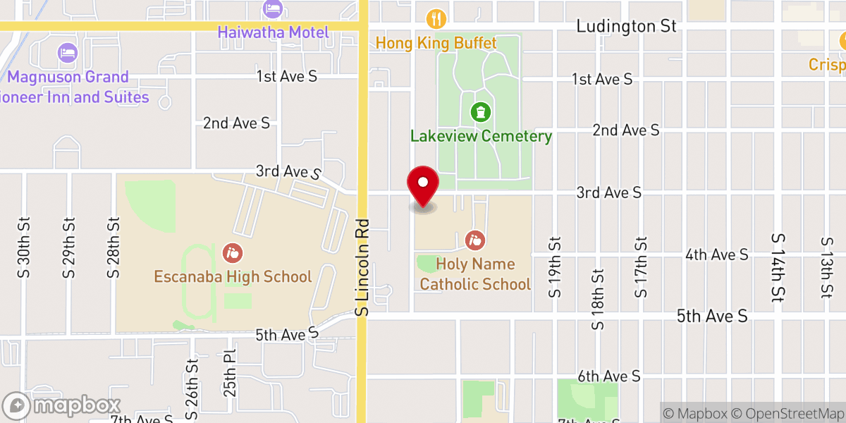 Map showing location of Escanaba Catholic Faith Formation Office at Holy Name