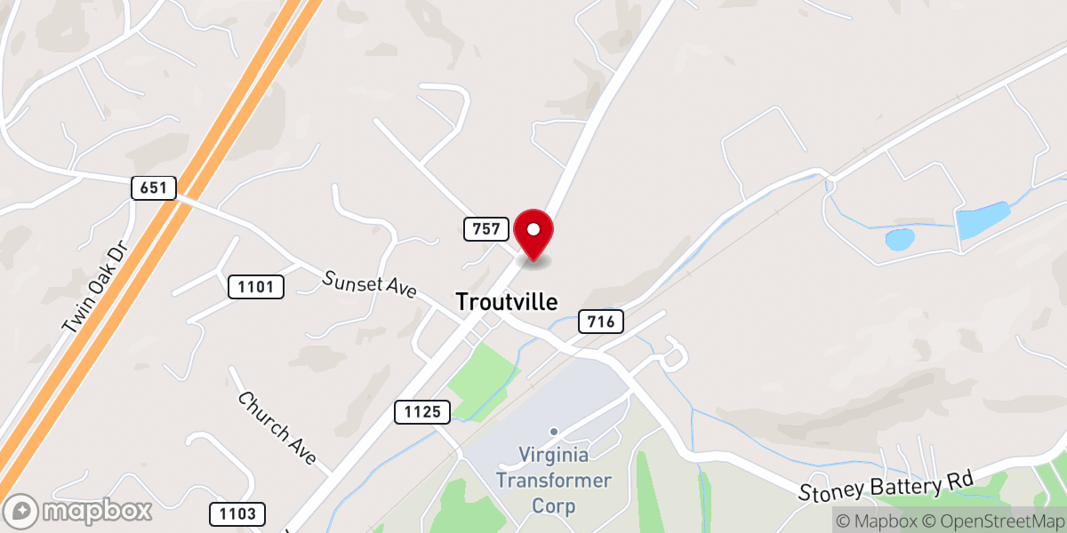 Map showing location of Troutville Baptist Church