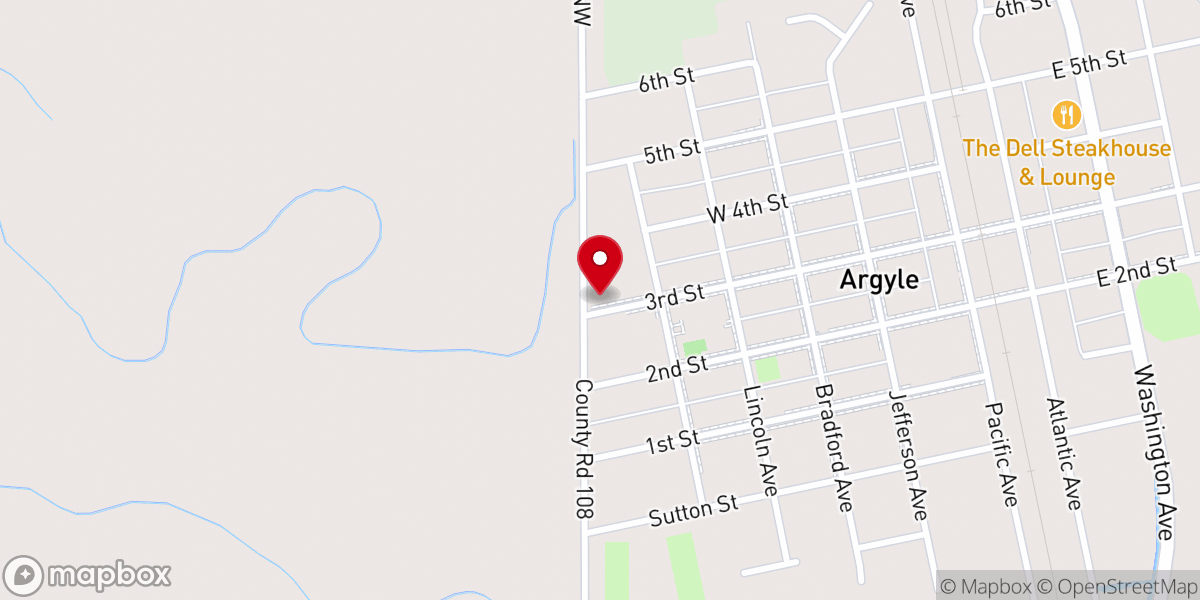 Map showing location of Street Rose Church - Argyle Area Food Shelf - Food Distribution Center