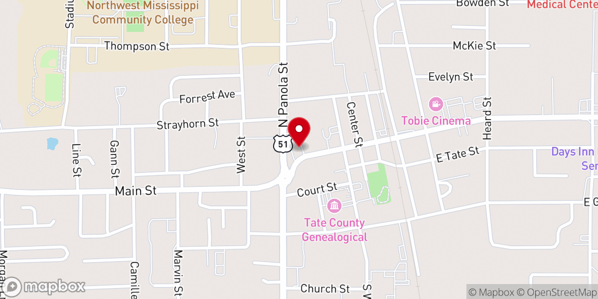 Map showing location of Senatobia Presbyterian Church