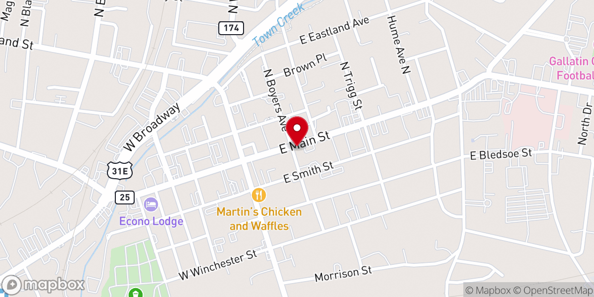 Map showing location of First Baptist Gallatin on Main