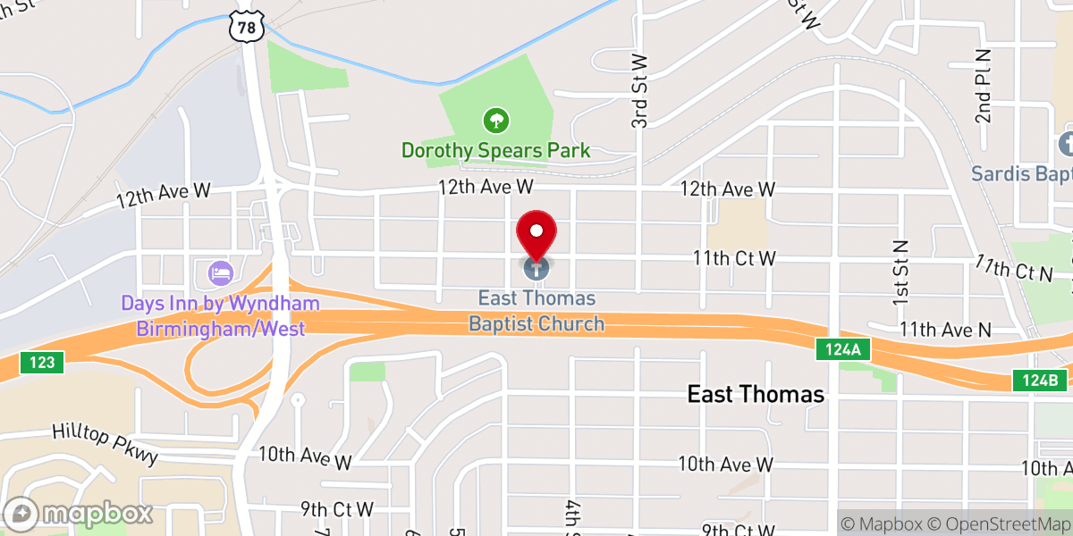 Map showing location of East Thomas Baptist Church