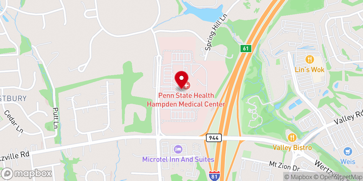 Map showing location of Penn State Health Hampden Medical Center