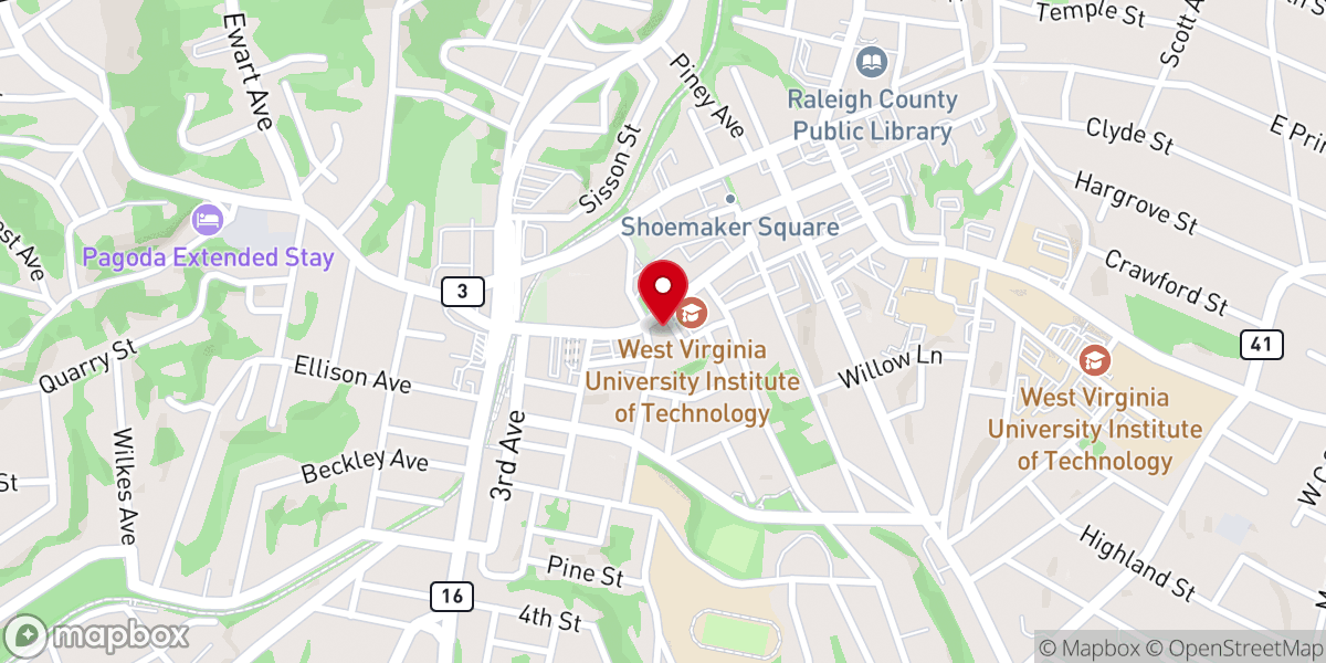 Map showing location of Beckley First Baptist Church