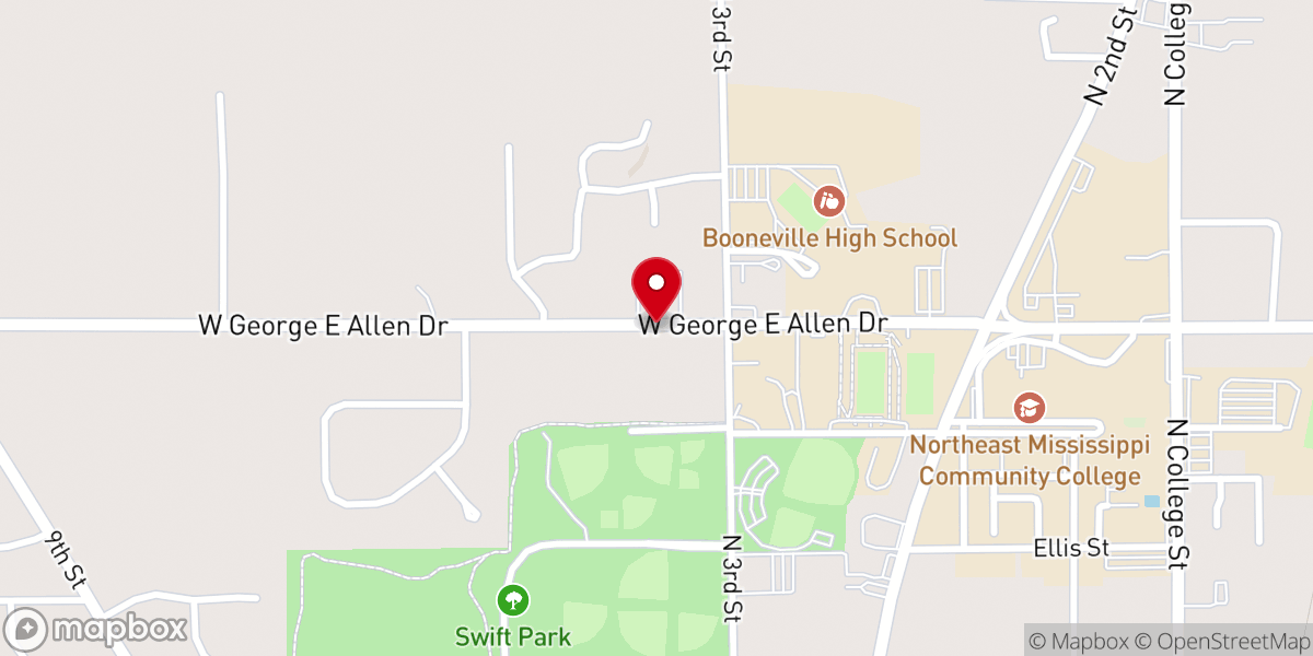 Map showing location of Booneville Presbyterian Church