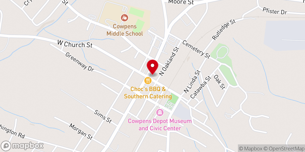 Map showing location of Cowpens Town Hall