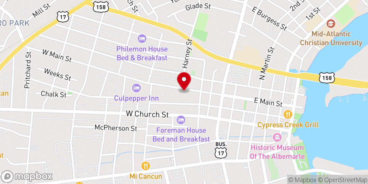 Map showing location of Cann Memorial Presbyterian Church 311 W. Main Street Elizabeth City, NC 27909