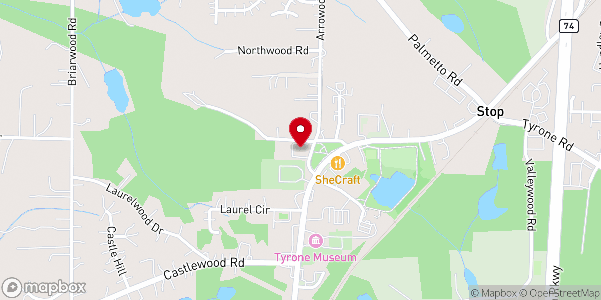 Map showing location of First Baptist Church of Tyrone