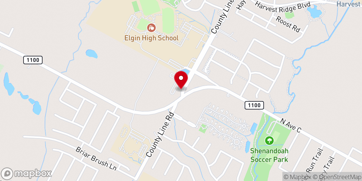 Map showing location of First Baptist Church of Elgin, TX