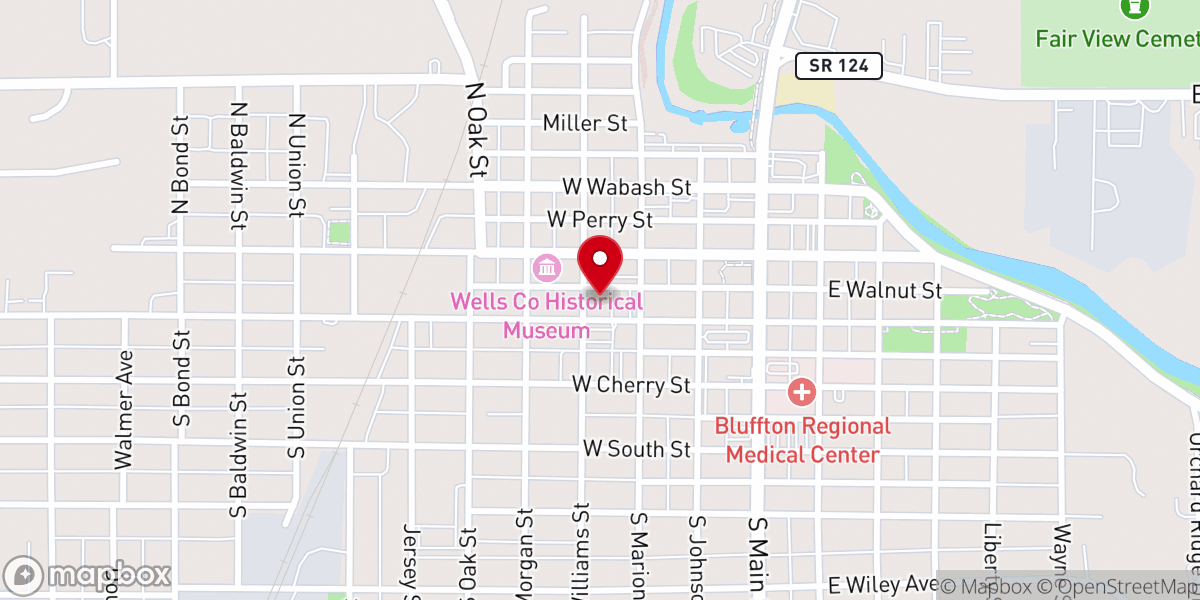 Map showing location of Bluffton First United Methodist Church