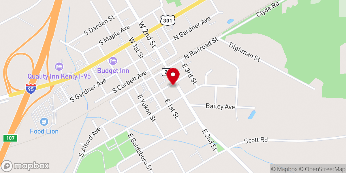 Map showing location of Kenly Methodist Church