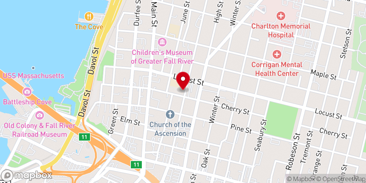 Map showing location of First Congregational Church of Fall River