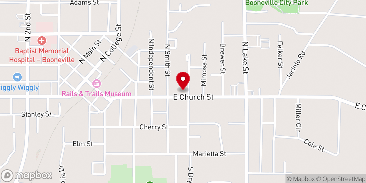 Map showing location of East Booneville Baptist Church