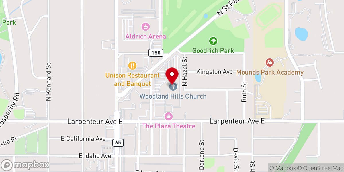Map showing location of Woodland Hills Church