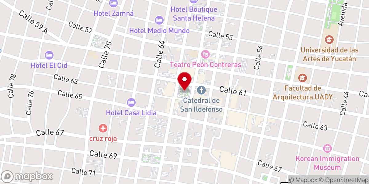 Map showing location of Plaza Principal de Mérida "Plaza Grande", " Jo'ile'ex Nojoch k'íiwik"