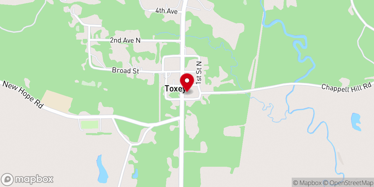 Map showing location of Toxey Church