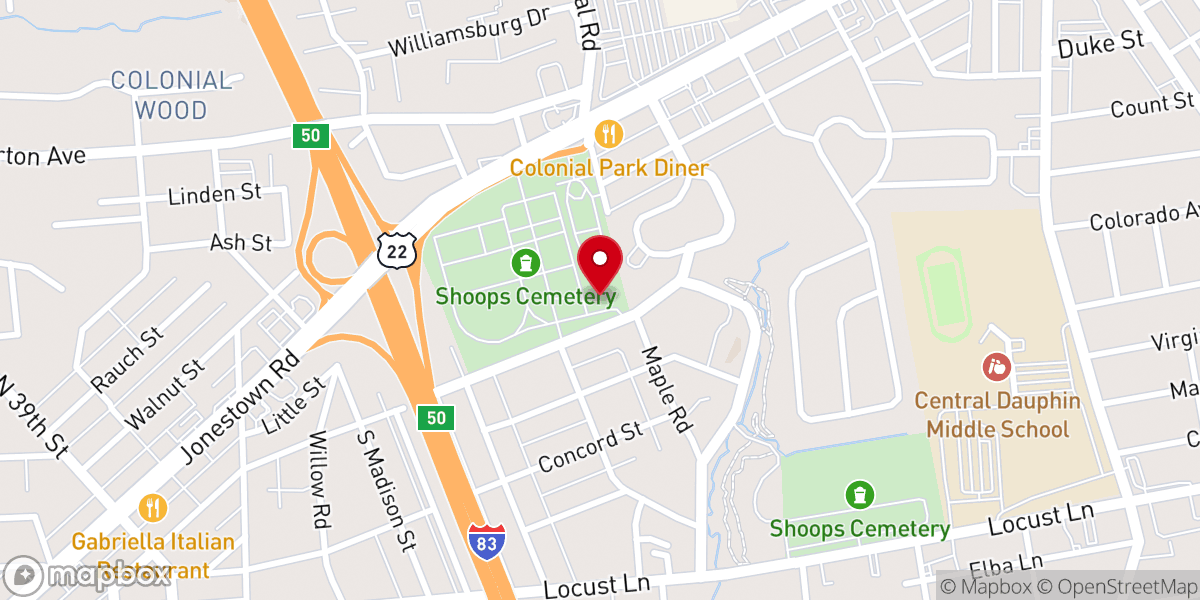 Map showing location of Shoops Church