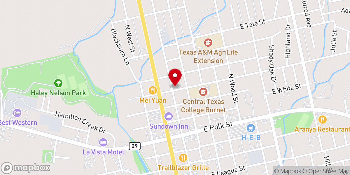 Map showing location of Main Street Baptist Church of Burnet, TX