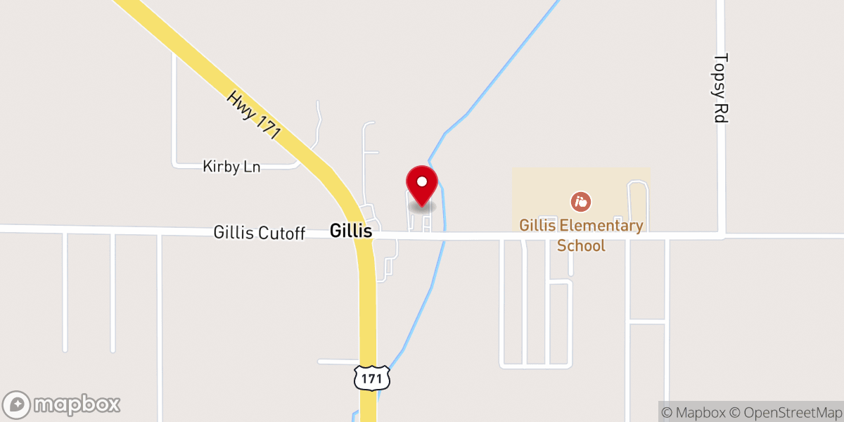 Map showing location of First Baptist Church of Gillis