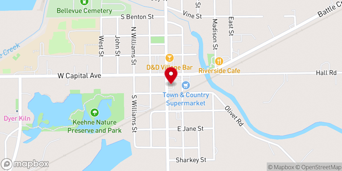 Map showing location of Bellevue First Baptist Church