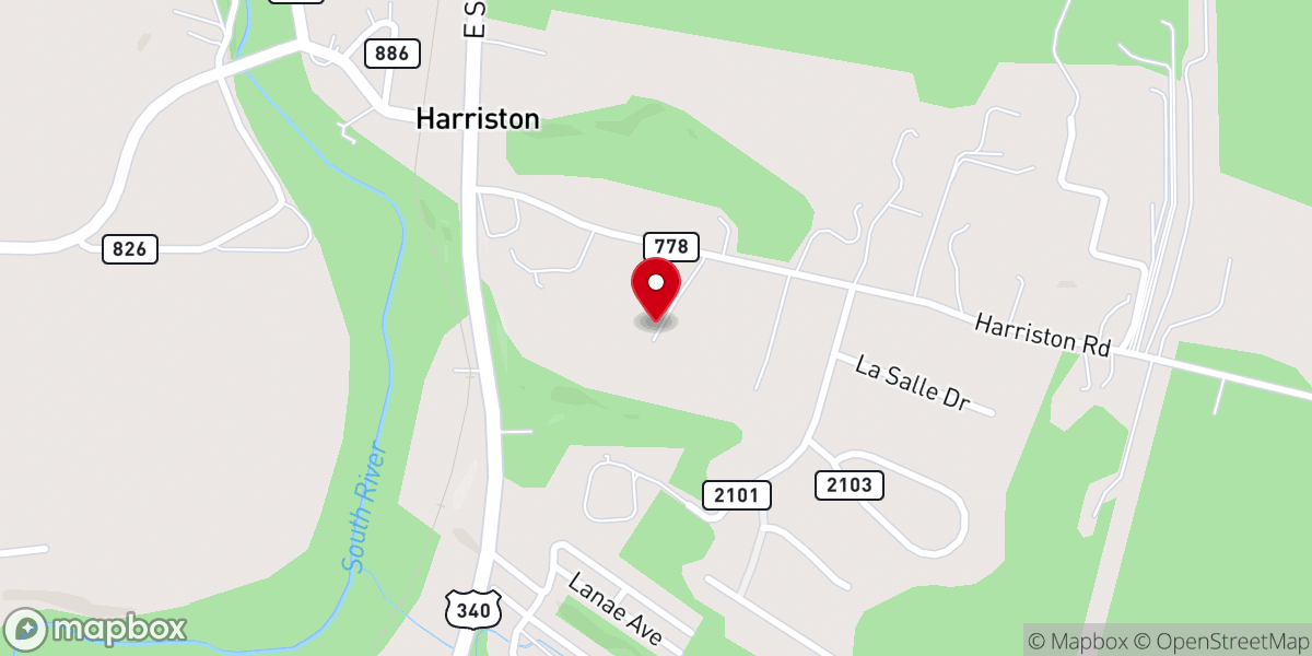 Map showing location of Harriston Christian Center