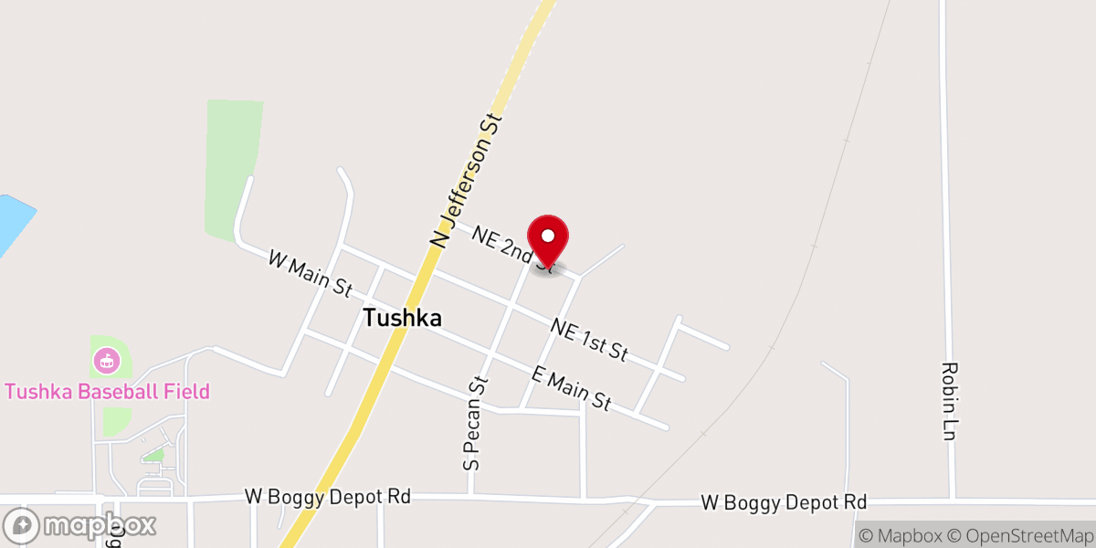 Map showing location of Tushka Baptist Church