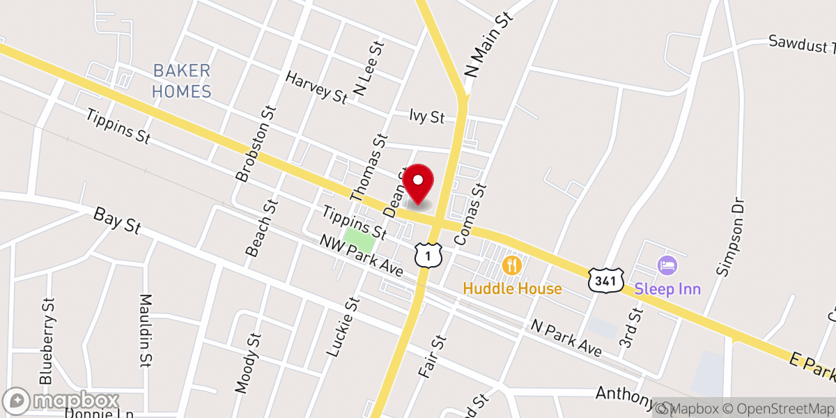 Map showing location of Baxley's First Baptist Church