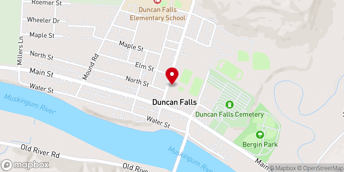 Map showing location of Duncan Falls Baptist Church