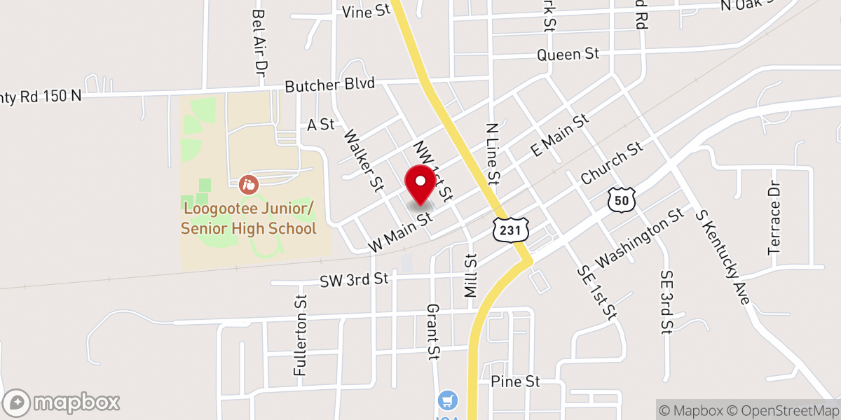 Map showing location of Loogootee Methodist Church