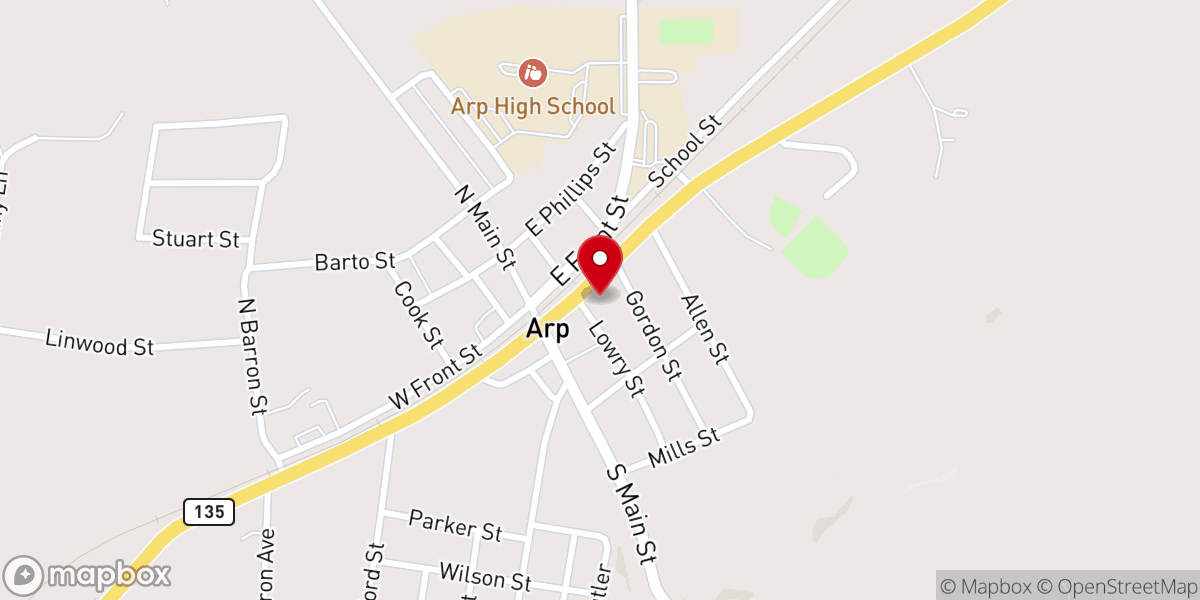 Map showing location of Arp Emmanuel Baptist Church