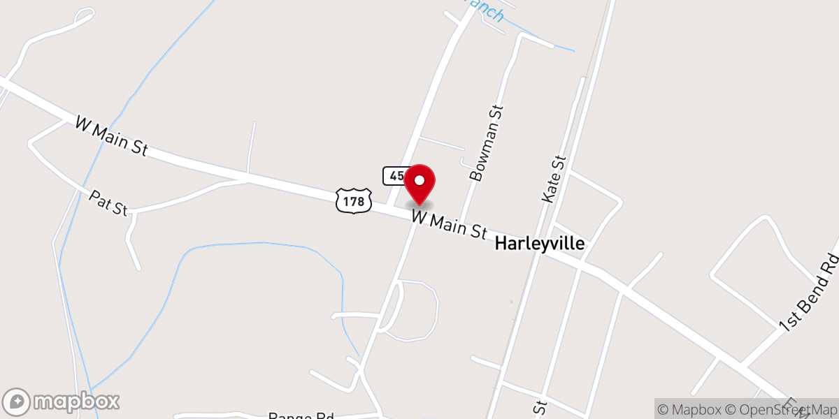 Map showing location of Harleyville Christian Church