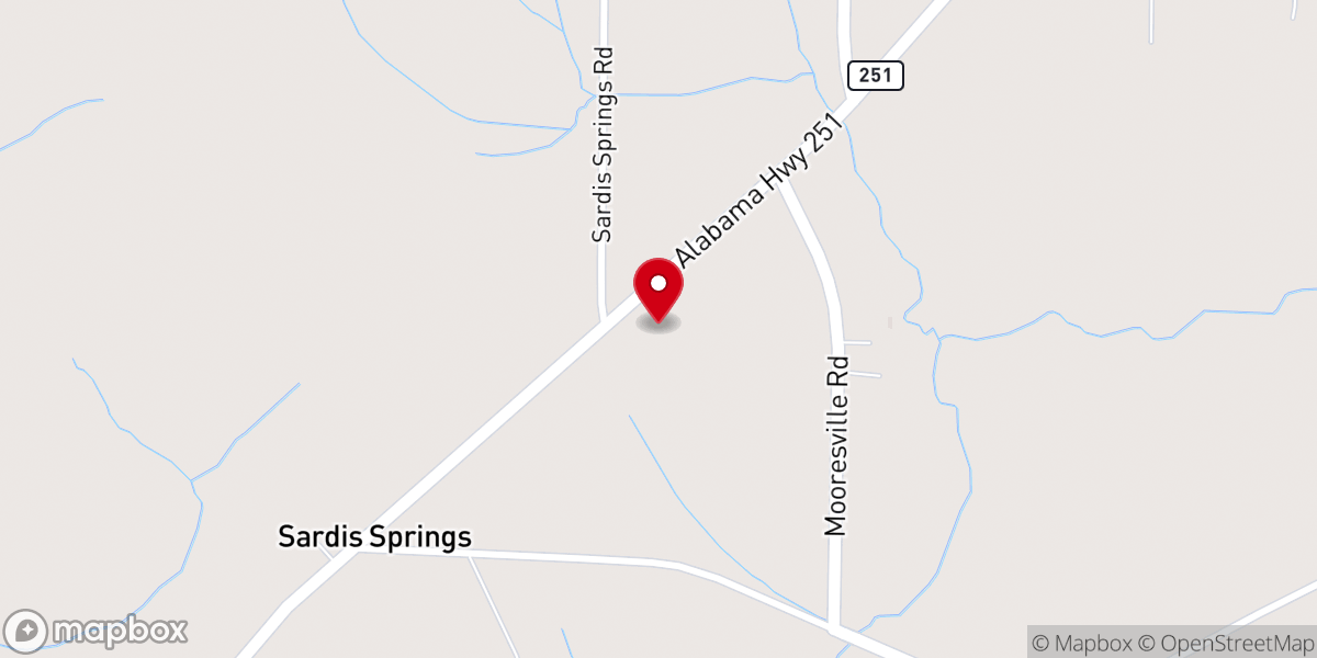 Map showing location of Sardis Springs Baptist Church