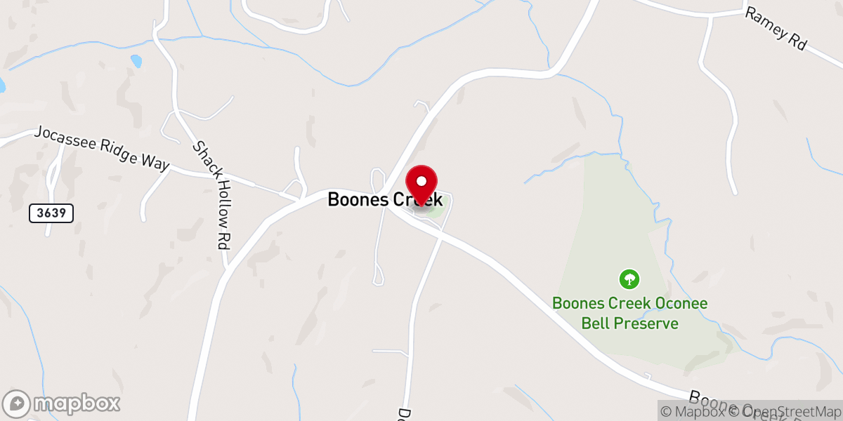 Map showing location of Boones Creek Church