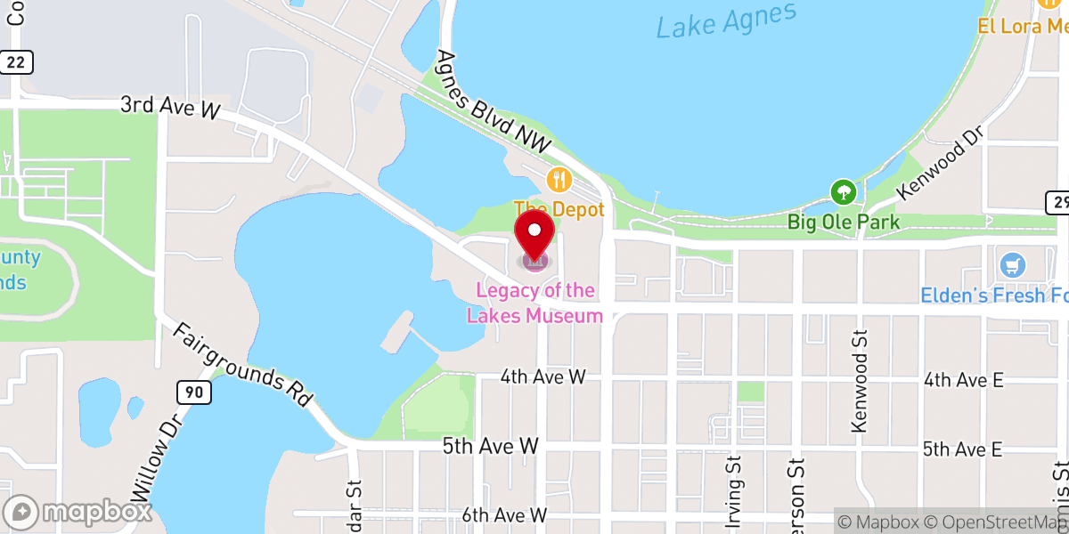 Map showing location of Legacy of The Lakes Museum