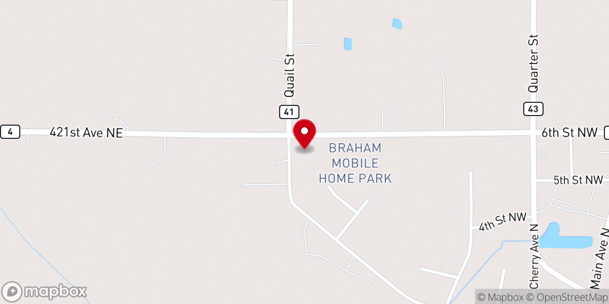 Map showing location of Braham Evangelical Lutheran Church