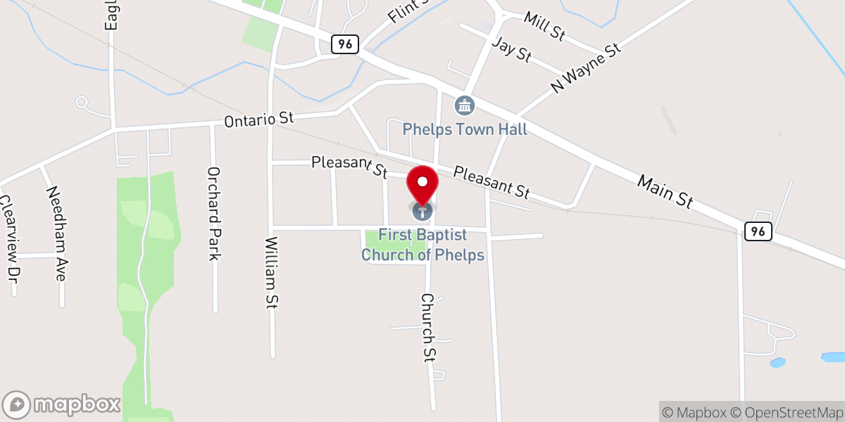 Map showing location of First Baptist Church of Phelps