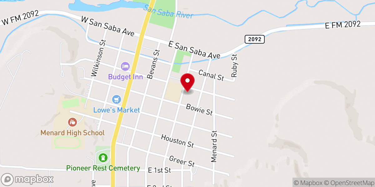 Map showing location of First Baptist church of Menard, TX