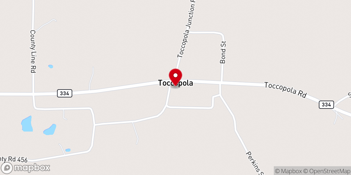 Map showing location of Toccopola Baptist Church