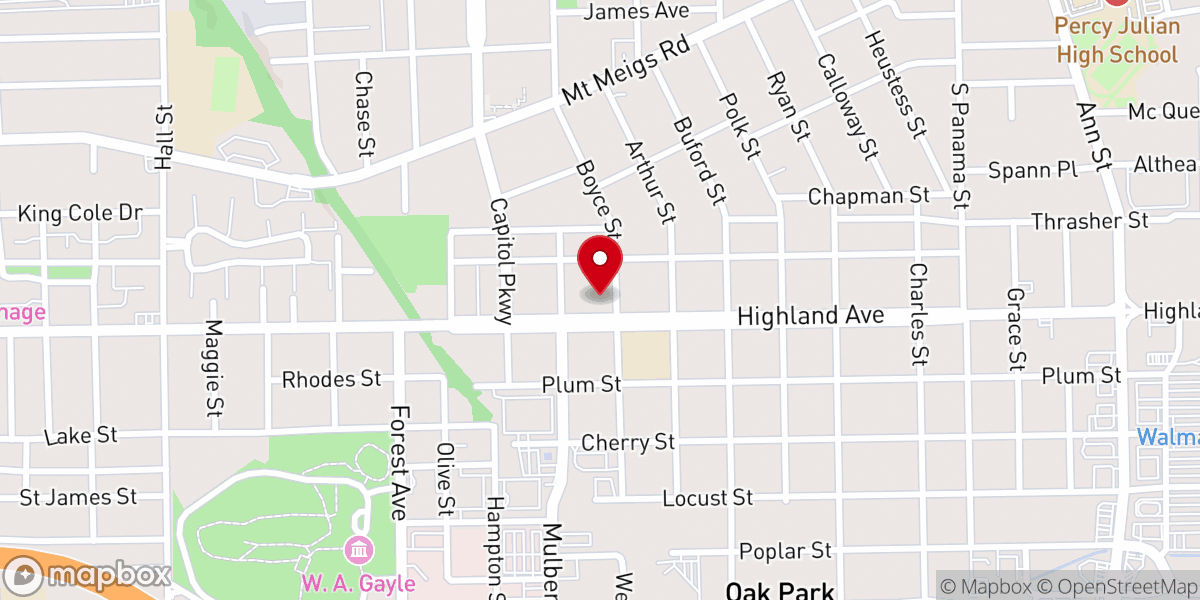 Map showing location of Highland Avenue Baptist Church