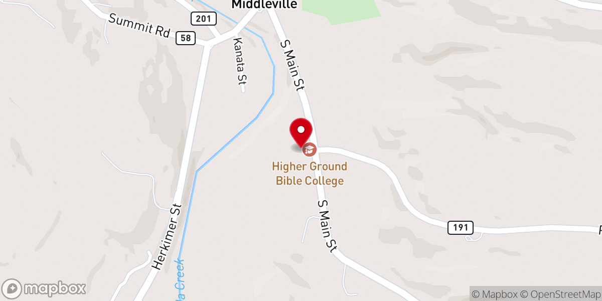 Map showing location of Higher Ground Bible College
